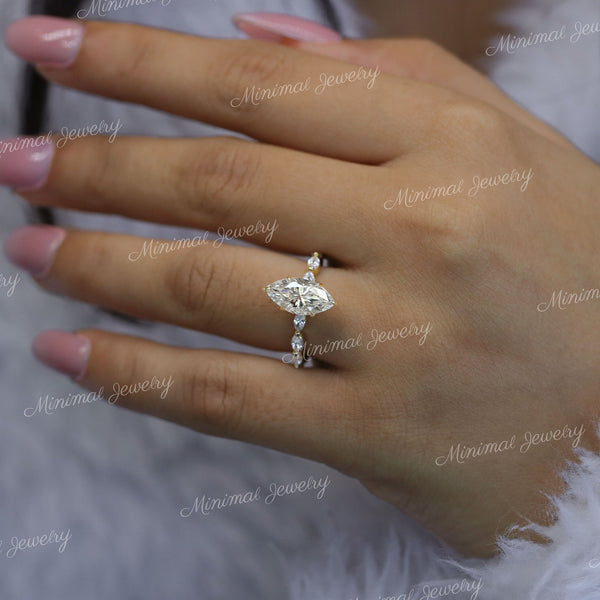 2.5CT Marquise Moissanite Engagement Ring: Hidden Halo Solitaire wedding ring 14k yellow gold