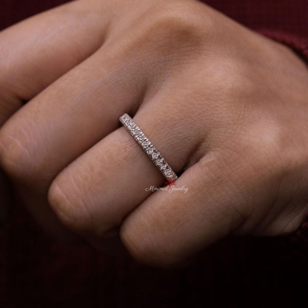 Dainty wedding band 14k solid Thin gold ring 2.5mm moissanite simple wedding band stackable ring set pave eternity band anniversary gift her