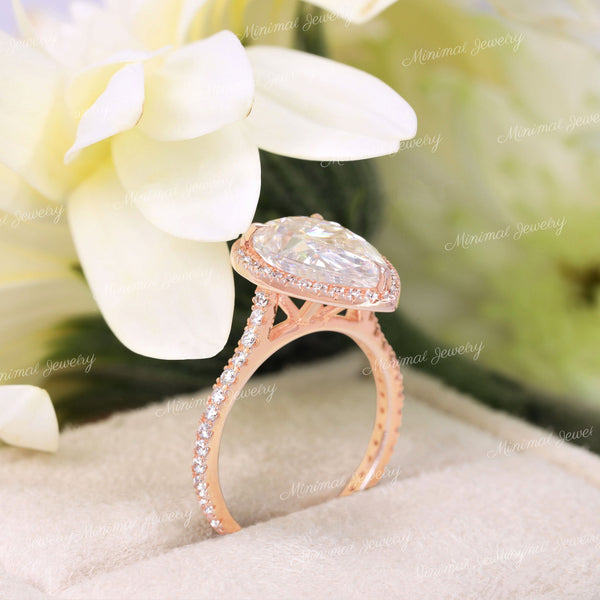 3 CT pear cut halo engagement ring,14k rose gold,pear shaped moissanite ring,wedding ring,anniversary gift ring,women,unique pear halo ring