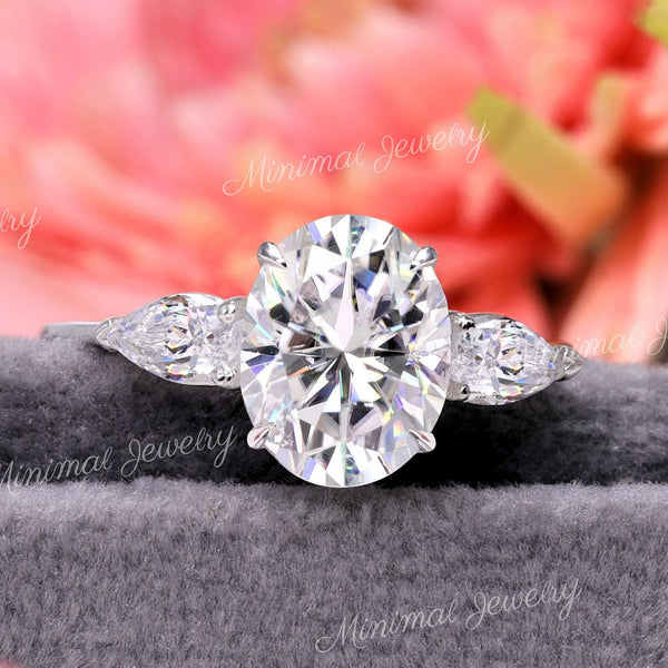 2.5 CT Oval engagement ring,Three stone moissanite ring,14k white gold,oval&pear side stone three stone ring,wedding ring,anniversary ring
