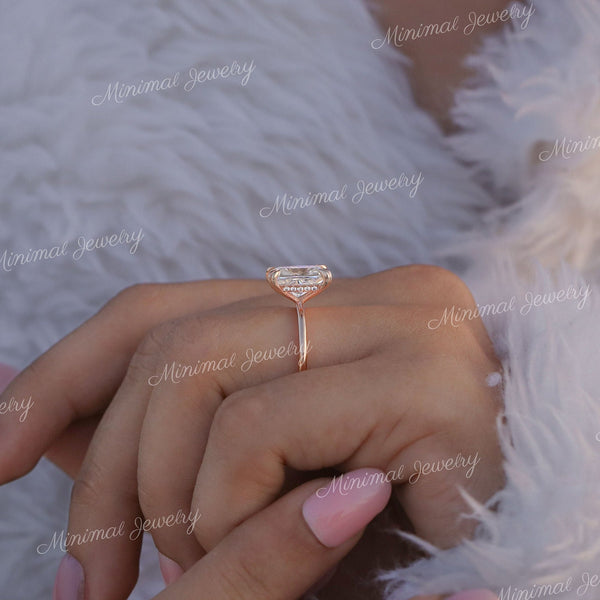 3CT Radiant moissanite engagement ring 14k rose gold hidden halo ring solitaire radiant cut ring bridal wedding ring anniversary gift ring