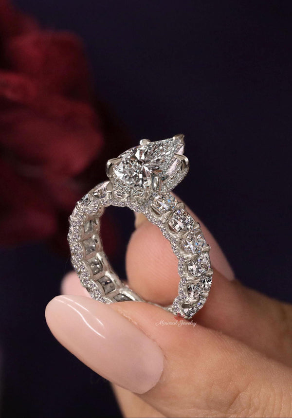 Lab Grown Diamond Ring 2.51 CT Pear Shaped Engagement Ring Hidden Halo wide band Solitaire Certified Diamond pear cut Wedding Ring for women