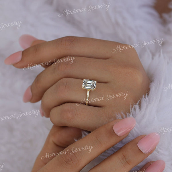2.5 CT Emerald cut engagement ring moissanite Emerald solitaire ring hidden halo ring 14k yellow gold aniversary promise ring wedding ring