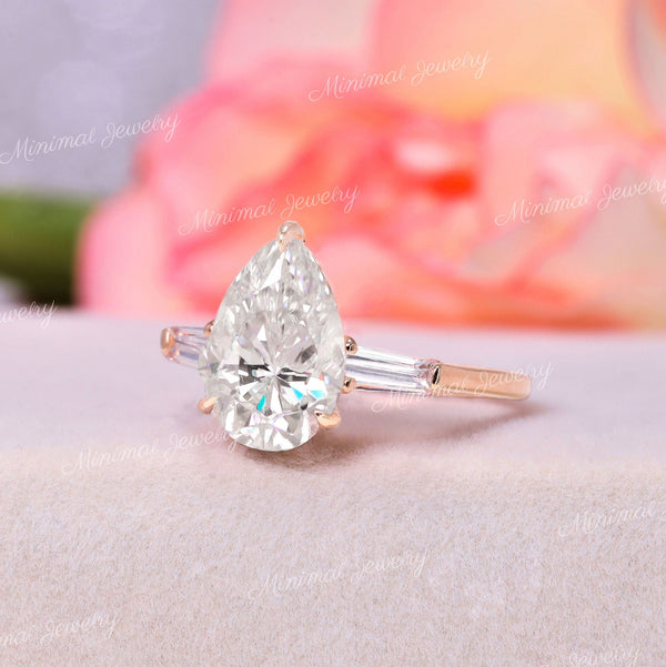 3.98 TCW Three stone engagement ring,pear moissanite,hidden halo,side Baguette,unique three stone ring,14k rose gold,wedding ring,women