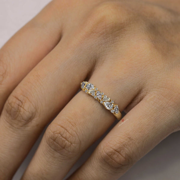 Marquise Moissanite Cluster Wedding Band baguette cluster ring 14k Gold Thick Anniversary Ring for women