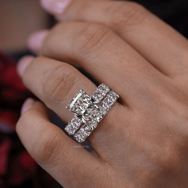 5CT Radiant Cut Engagement Ring Lab Grown Diamond IGI Certified Bridal Wedding ring Set Wide Eternity Band &Hidden Halo Anniversary ring 14k