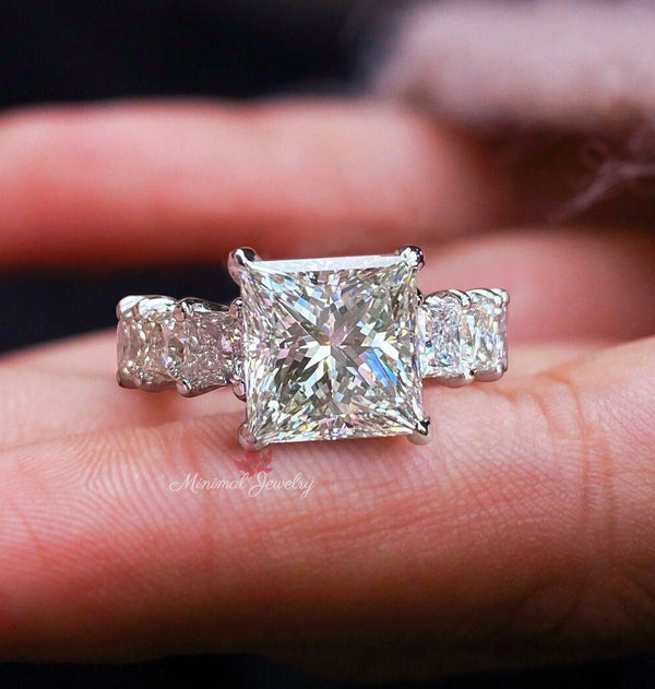 5.5CT princess cut solitaire engagement ring Large moissanite wide eternity band princess cut moissanite engagement ring,unique wedding ring