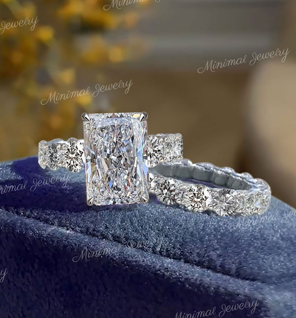 5 CT Radiant cut Engagement ring set,large radiant moissanite solitaire,Celebrity Style art deco,hidden halo,Wide Band wedding ring set