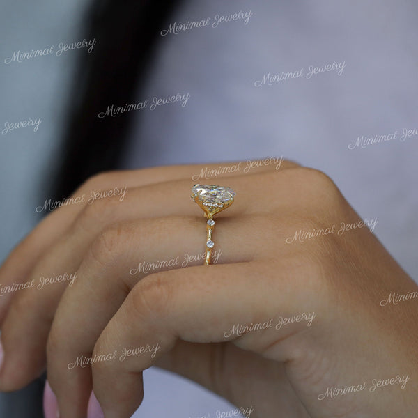 2.5 CT oval moissanite engagement ring,distance pave space,unique,solitaire hidden halo,oval engagement ring,14k solid gold,anniversary ring