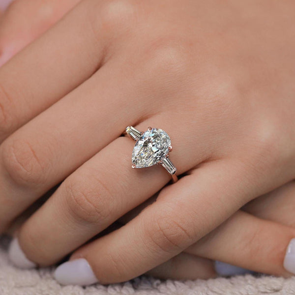 Lab Grown Diamond pear engagement ring set 14k Rose gold pear shape ring 3.2 TCW Three stone diamond wedding Ring hidden halo promise ring