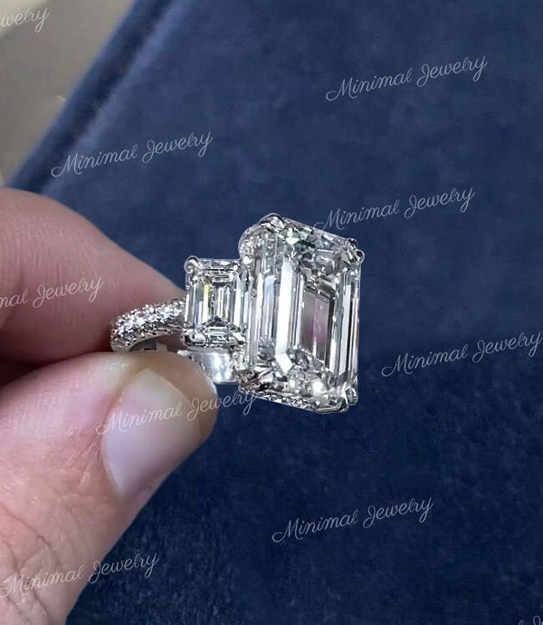 11.6 TCW 3 stone Emerald cut moissanite engagement Ring,unique celebrity style,large Three stone moissanite,hidden halo,3 row wedding ring