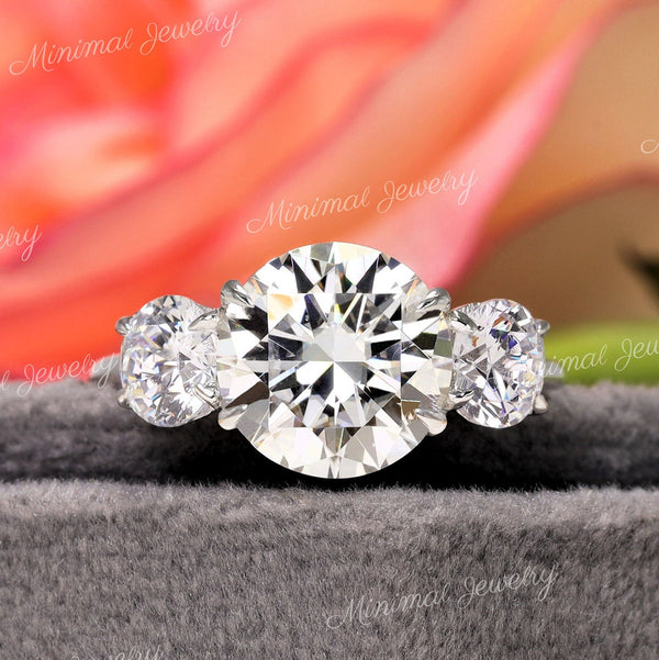 3.48 TCW three stone moissanite ring,round cut trellis engagement ring,14k white gold,past present future anniversary ring,triple stone ring
