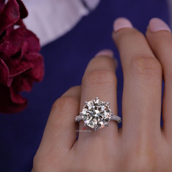 7 CT Round moissanite engagement ring,Three row pave Cathedral ring Tulip Set large solitaire celebrity style diamond cocktail wedding ring