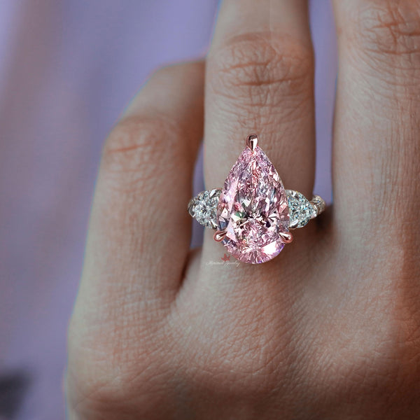6 CT luxury pink moissanite pear shaped engagement ring,large Three stone pink pear ring,unique celebrity style,big cocktail wedding ring