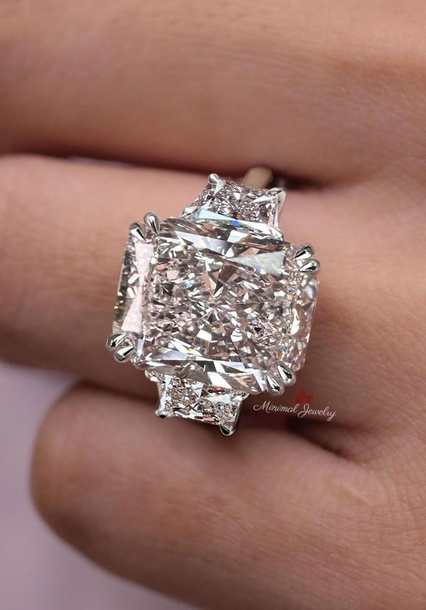 15ct Radiant Cut Moissanite Engagement Ring 14K Gold Three Stone Ring with Side Trapezoids Large Wedding Anniversary Statement Ring