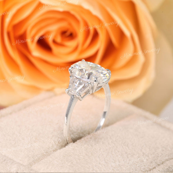 3.5 TCW Three stone,oval moissanite engagement ring,14k white gold,Trapezoid&oval three stone engagement ring,anniversary,wedding ring,women