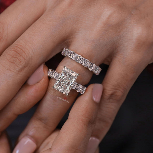 5CT Radiant Cut Engagement Ring Lab Grown Diamond IGI Certified Bridal Wedding ring Set Wide Eternity Band &Hidden Halo Anniversary ring 14k