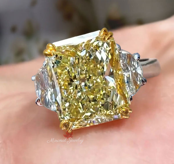 10CT Yellow Lab Grown Diamond Radiant Cut Engagement Ring IGI Certified Three Stone lab diamond Wedding Anniversary Ring two tone gold ring