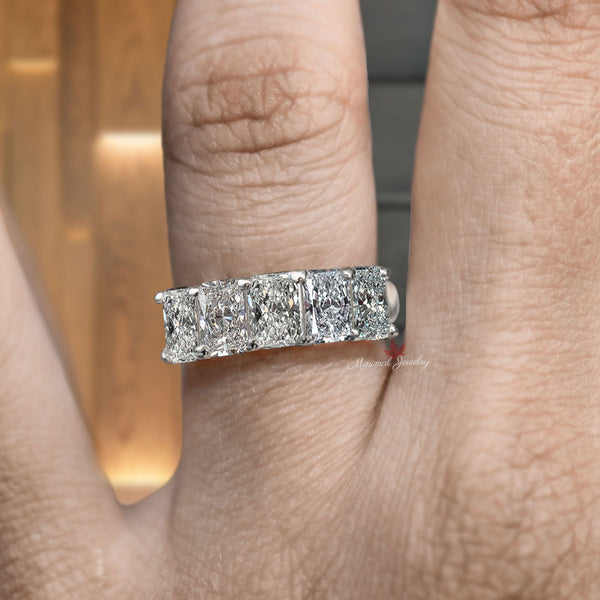 Radiant cut five stone ring,5 Moissanite wedding band,unique half eternity wedding band,thick stacking rings,women,anniversary gift 5 years