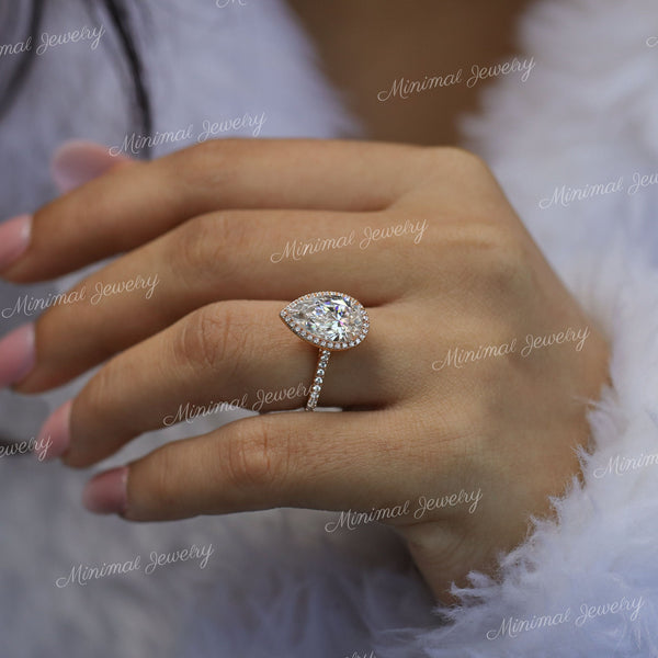 3 CT pear cut halo engagement ring,14k rose gold,pear shaped moissanite ring,wedding ring,anniversary gift ring,women,unique pear halo ring