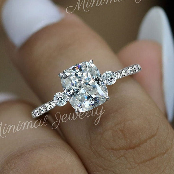 2.5CT Three stone cushion cut moissanite engagement ring,hidden halo,elongated cushion Moissanite cluster ring,white gold meghan markle ring