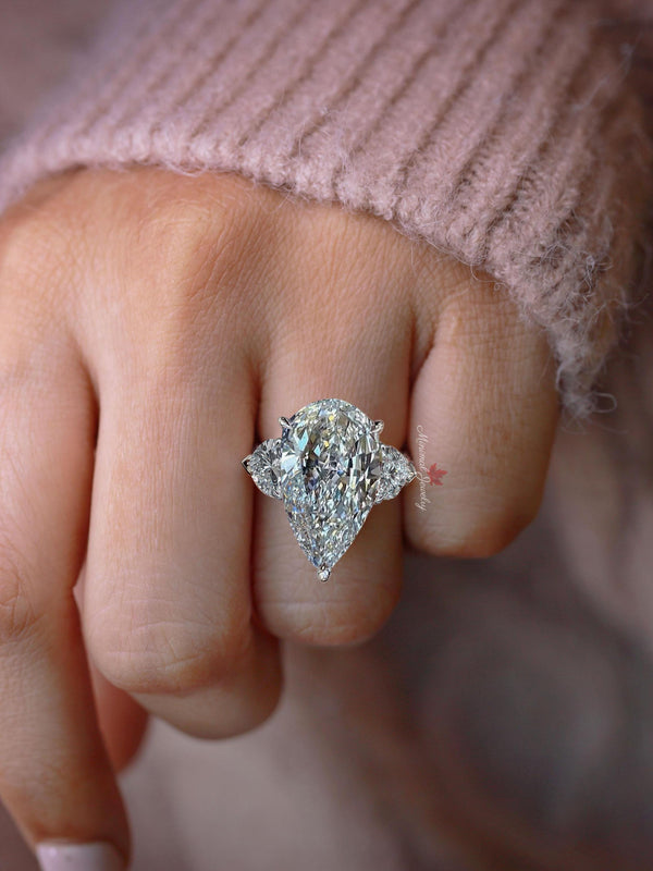8ct Pear cut moissanite Engagement Ring Three stone Hidden Halo 14k gold large pear shaped ring statement wedding ring or Anniversary Ring