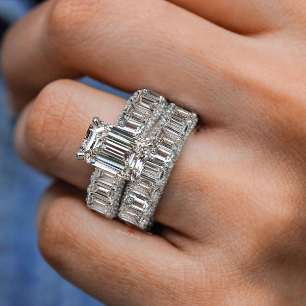 Emerald cut moissanite engagement ring set unique 5 carat moissanite hidden halo eternity band solitaire ring anniversary wedding ring set