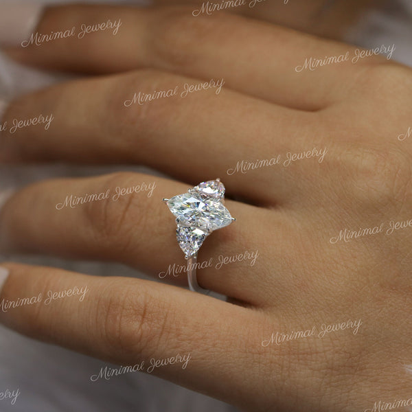 2 CT Marquise cut moissanite,three stone engagement ring,trillion cut&marquise,unique moissanite cluster ring,14k white gold wedding ring