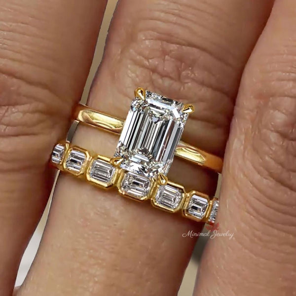 2.1 CT lab grown diamond emerald cut engagement ring set IGI certified CVD diamond bezel wedding band ring promise ring anniversary gift her