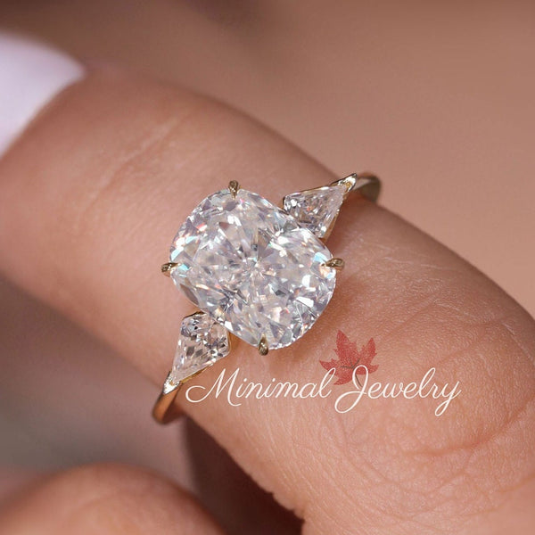2.5 CT Cushion cut engagement ring,moissanite elongated cushion&kite cut ring,anniversary,wedding ring,unique,bezel set three stone ring