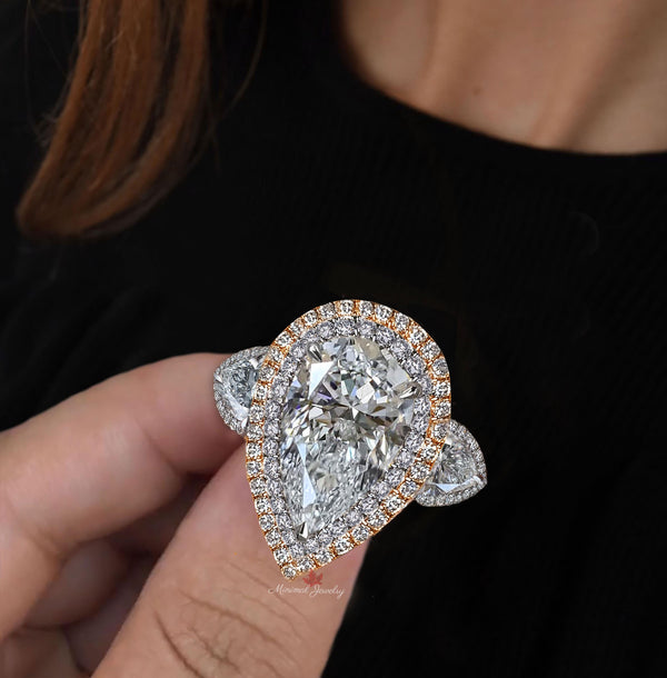 6 CT pear shaped engagement ring large Three stone pear moissanite engagement ring double halo two tone ring diamond cocktail wedding ring
