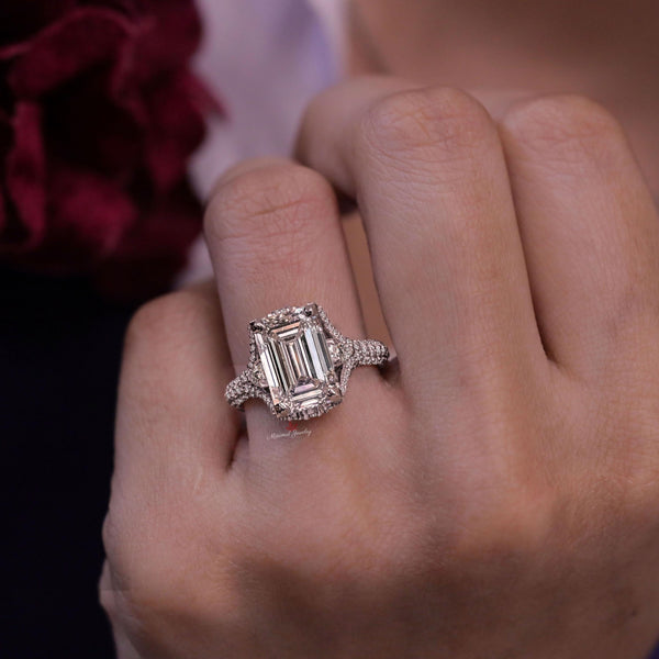 5 CT Emerald Cut Engagement Ring Set 14k Gold Three Stone Moissanite Ring Split Shank Wedding Ring Moissanite Bridal Set Anniversary gift