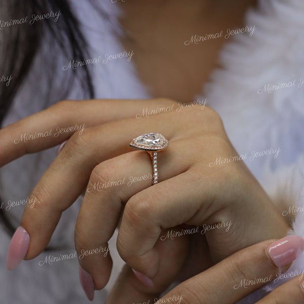 3 CT pear cut halo engagement ring,14k rose gold,pear shaped moissanite ring,wedding ring,anniversary gift ring,women,unique pear halo ring