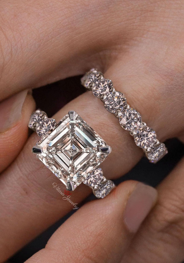 Asscher cut moissanite engagement ring set 5.5CT asscher cut ring moissanite bridal set wedding ring women anniversary ring Eternity band