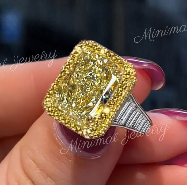 8 CT canary yellow radiant cut engagement ring,large fancy yellow moissanite ring,big celebrity Halo ring,diamond cocktail statement ring