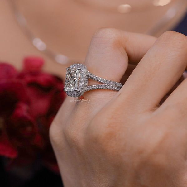 4CT Radiant cut Moissanite Engagement Ring Split Shank 14K Gold Crushed Ice Radiant Halo Wedding Ring Anniversary Ring for Women