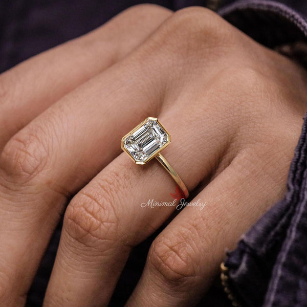 Emerald Cut Engagement Ring 4CT Lab Grown Diamond Bezel Set Ring 14K Gold Solitaire Ring VVS clarity IGI Certified diamond Wedding ring