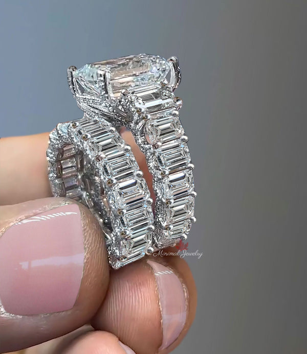 Emerald Cut Moissanite Engagement Ring set 15.1TCW Three stone moissanite bridal set hidden halo wide eternity band wedding anniversary ring