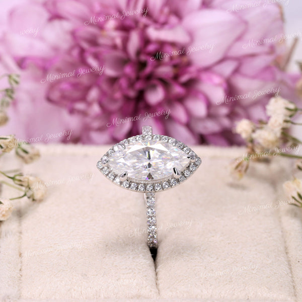 2 CT Marquise Moissanite Engagement Ring: 14k White Gold Halo