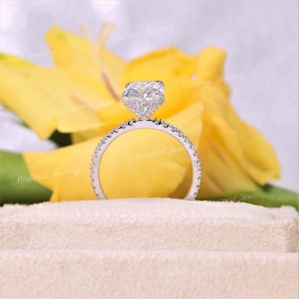 2.5 CT cushion cut engagement ring hidden halo 14k white gold unique solitaire pave prong elongated cushion moissanite ring anniversary ring