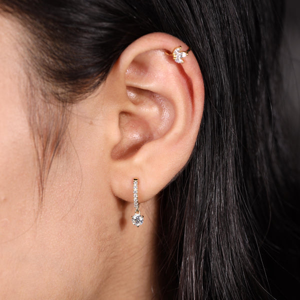 Diamond huggie hoop earrings with charm 14k solid gold huggie small hoop earrings diamond drop dangle diamond earrings charm hoop earrings