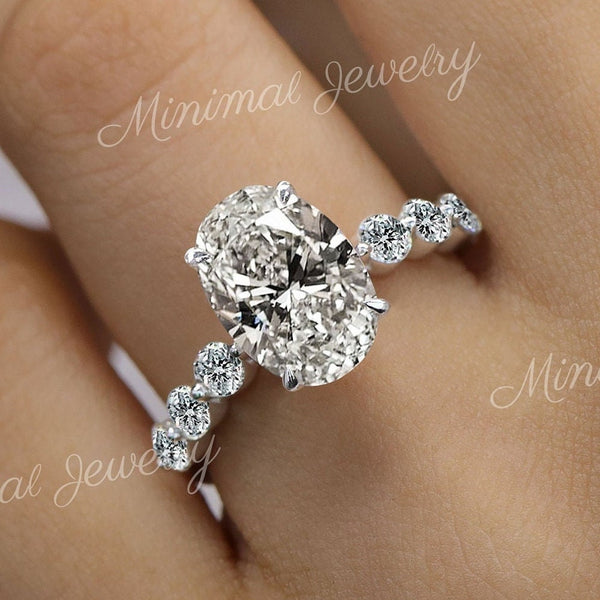 4.1 CT oval moissanite engagement ring,unique solitaire oval engagement ring,art deco 14K white gold wedding ring,thick bubble band,women