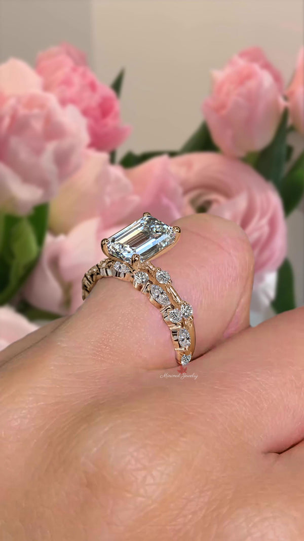 3 CT Lab Grown Diamond Ring set Emerald Cut Engagement ring and wedding band IGI certified diamond Bridal Set Anniversary ring for women