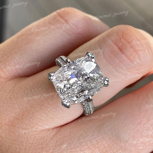 Cushion Cut Moissanite Engagement Ring 12CT Large Elongated Cushion Solitaire ring Hidden Halo Cathedral Wedding Anniversary Ring for Women