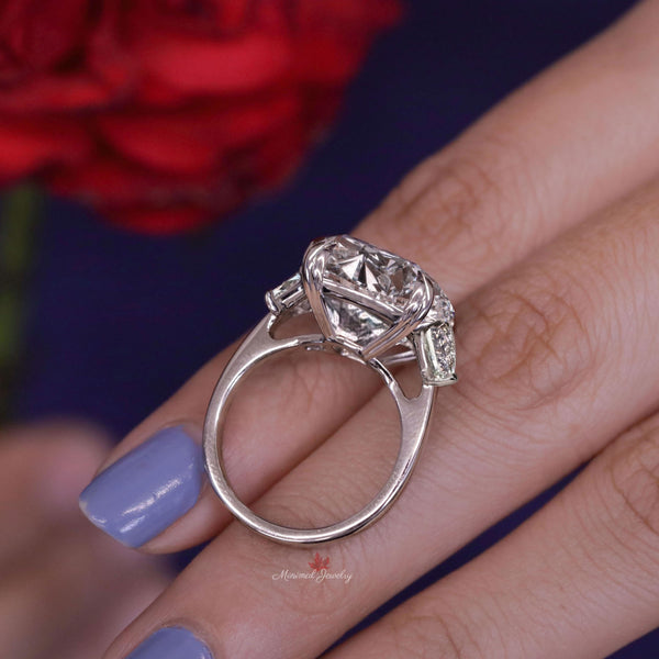 Cushion Cut Moissanite Engagement Ring Side Trillions 18.5CT Elongated Cushion Three Stone Wedding Ring Large Anniversary Statement Ring 14k