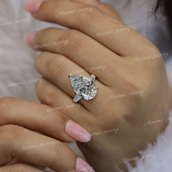 13.7 TCW Three stone Moissanite pear shaped engagement ring set,celebrity style,baguette&big large unique pear shaped ring,wedding ring set