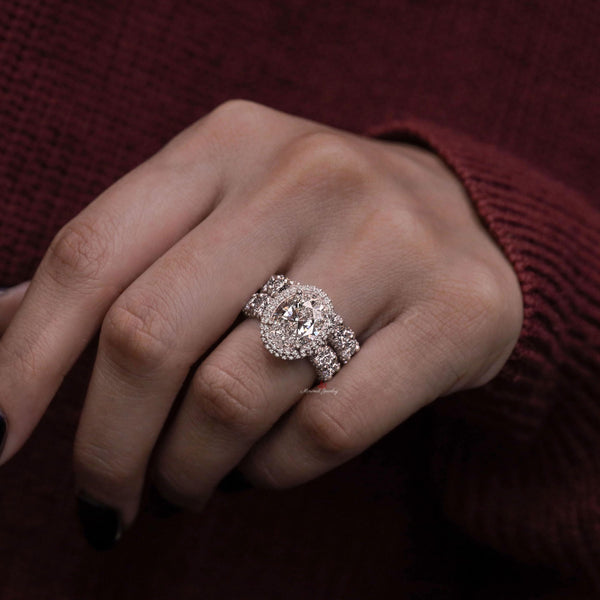 4 CT oval cut halo engagement ring,big Oval moissanite engagement ring set,celebrity style,eternity band,diamond bridal wedding ring set