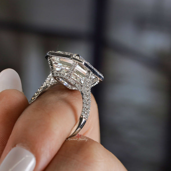 Emerald cut moissanite engagement ring 13.5 CT solitaire halo wedding ring large diamond cocktail ring gold cathedral ring anniversary ring