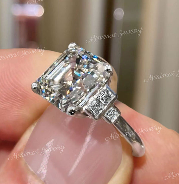 Asscher cut moissanite ring 5.5CT unique art deco asscher cut engagement ring 14k gold wedding ring women anniversary gift 5 stone ring