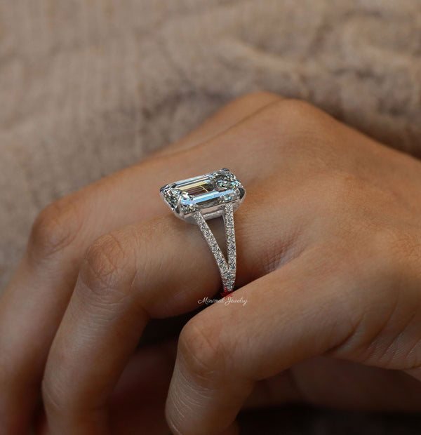 4.5 Carat Emerald cut moissanite engagement ring split shank solitaire ring unique emerald cut moissanite ring wedding ring anniversary ring